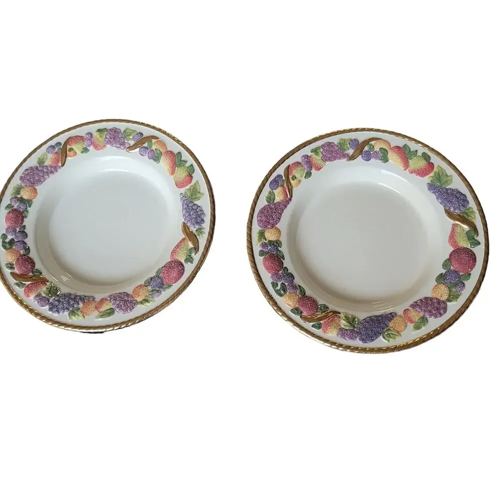 Vintage Avon Frosted Fruit Plate Set Dish Ivory Embossed Gold Trim Food Candle